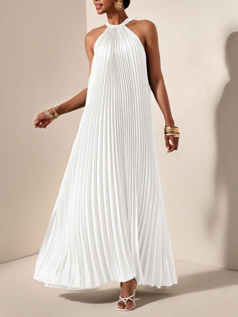 White Casual Women's Halterneck Sleeveless Pleated A-Hem Loose Maxi Dress